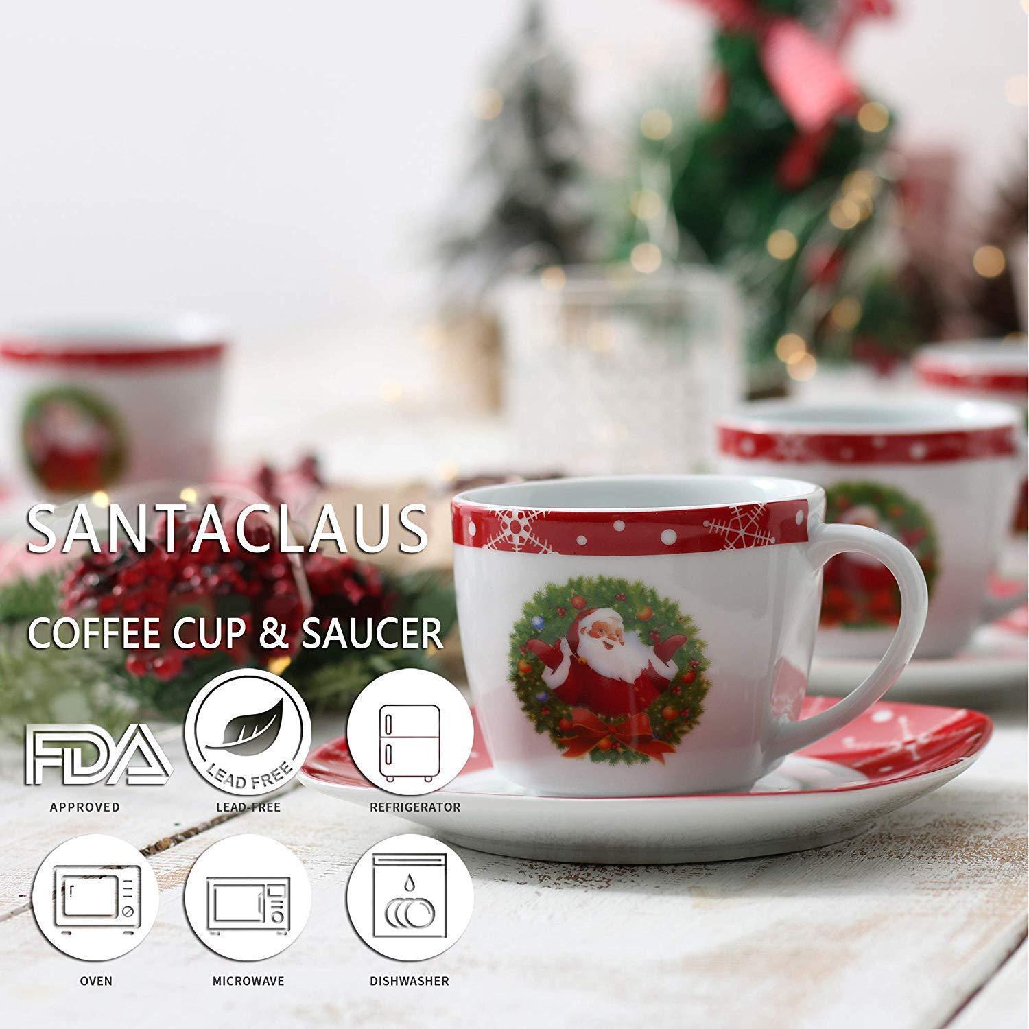 SANTACLAUS 12-Piece Christmas White Porcelain Drinkware Cups and Saucers Set Service for 6 Person - Nordic Side - 12, and, Christmas, Coffee, Cups, Drinkware, Espresso, for, Person, Piece, Po