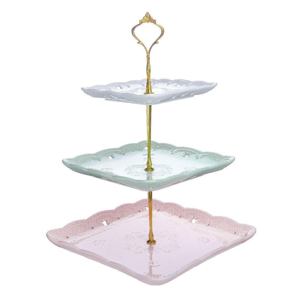 Sweet.Time 3 Tier 3 Color Dessert Cake Tower Stand 14.5" Tall Porcelain Server Display Holder with Silver Carry Handle (Multi-Color Square) - Nordic Side - 145, Cake, Carry, Color, Dessert, D