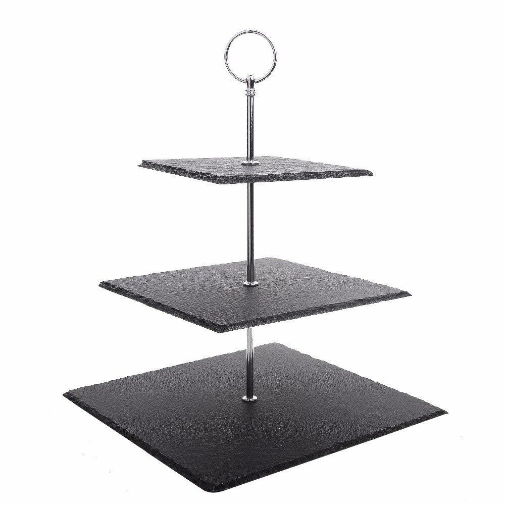Serie Sweet.time 14.5" Tall 3 Tier Square Stone Cake Stand 6"&8"&10" Natural Slate Serving Set with Silver Carry Handle (Black Square) - Nordic Side - 145, 6810, Cake, Carry, Handle, MALACASA