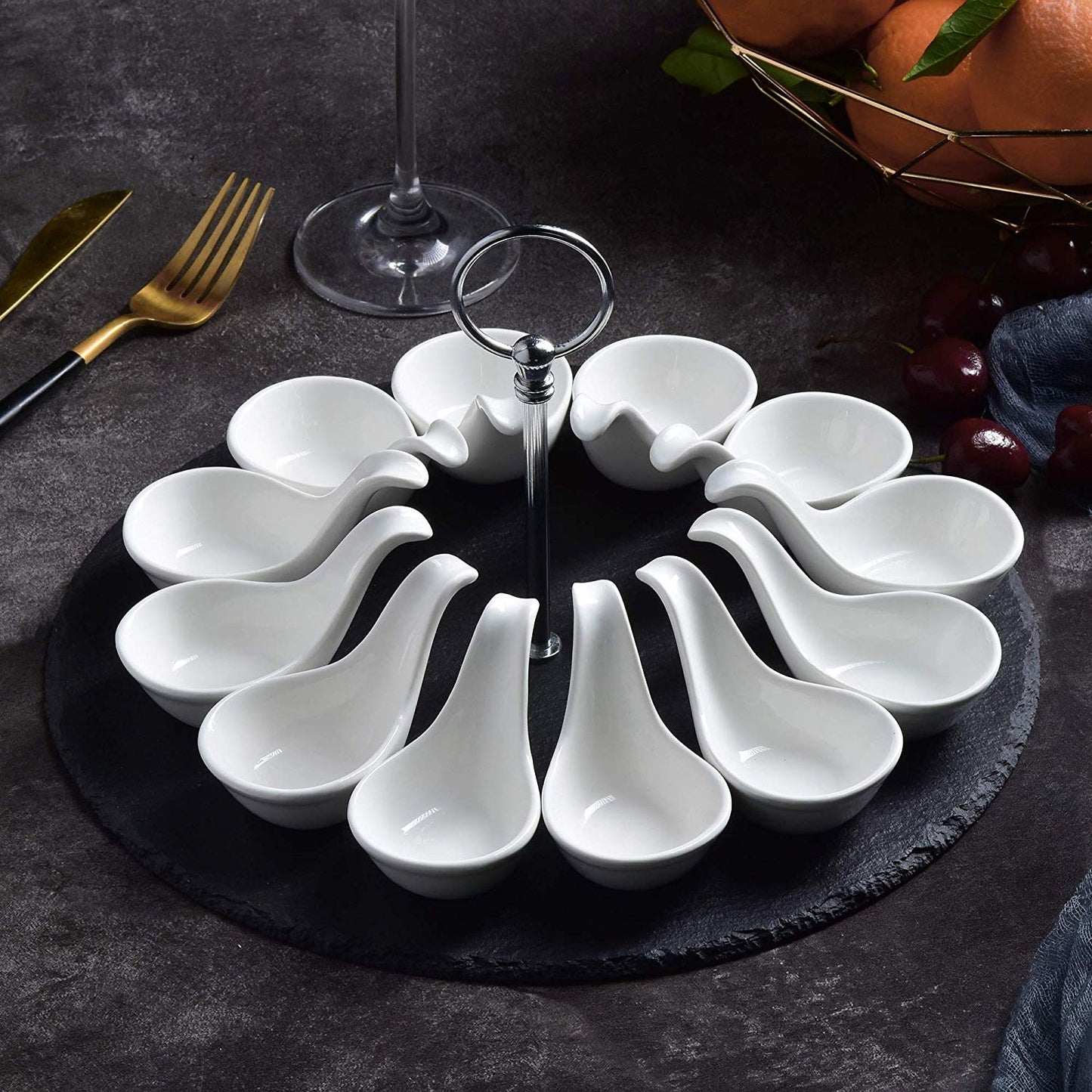 Nature Slate Dinner Tablemats with 12-Piece 3.75" Porcelain Dessert Dishes & 1-Piece 12" Round Placemats with Handle - Nordic Side - 12, 375, Dessert, Dinner, Dishes, Handle, MALACASA, Nature