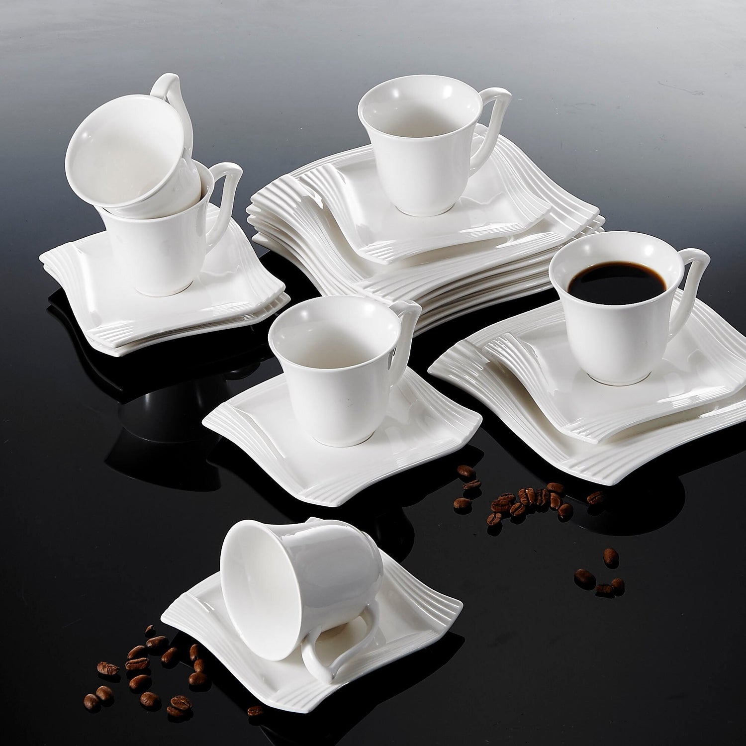 Amparo 18-Piece White Porcelain Coffee Tea Drinkware Sets including Cup,Saucers and Dessert Plates for 6 - Nordic Side - 18, Amparo, and, Coffee, CupSaucers, Dessert, Drinkware, for, Home, in