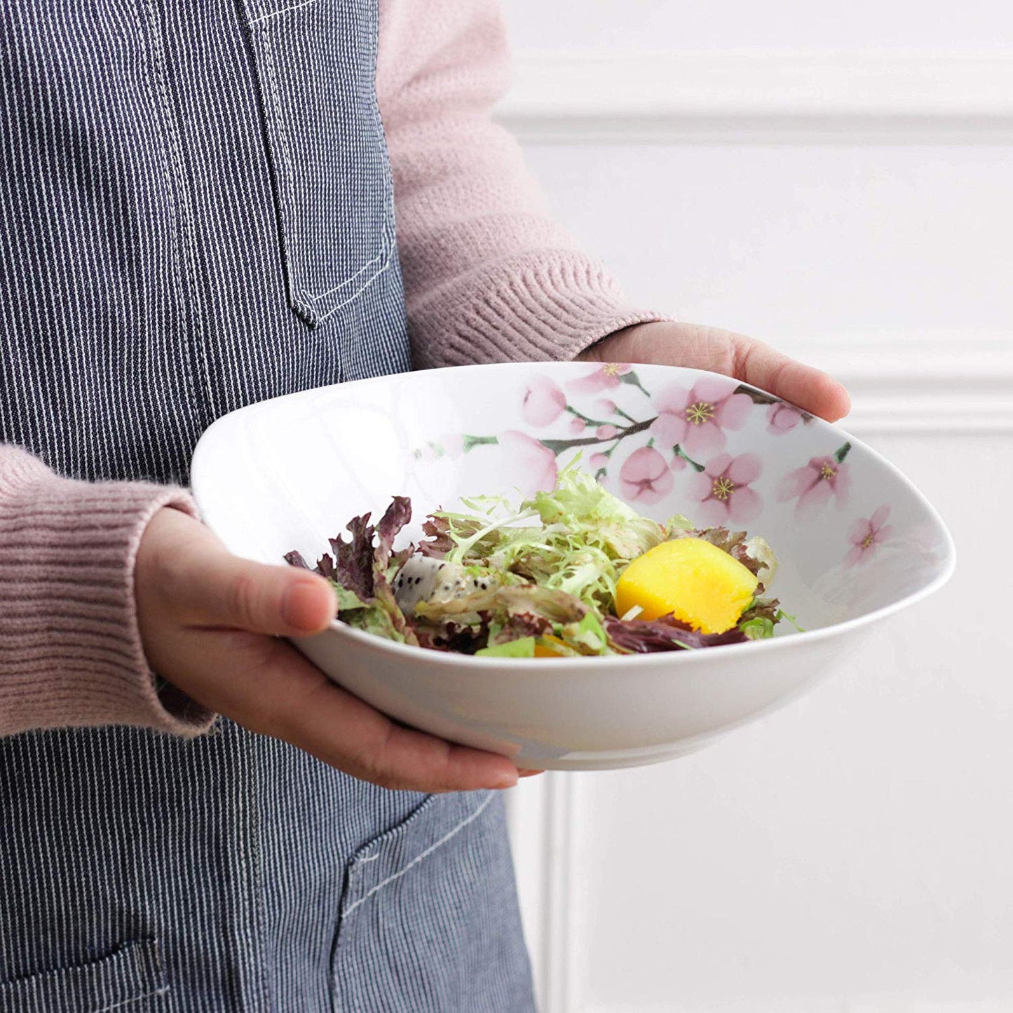 ANNIE 2-Piece 9" Ivory White Porcelain Pink Floral Bowl for Salad/Side Dishes/Soup/Dessert (2*1050 ml) - Nordic Side - 21050, ANNIE, Bowl, Cereal, DishesSoupDessert, Floral, for, FruitSalad, 