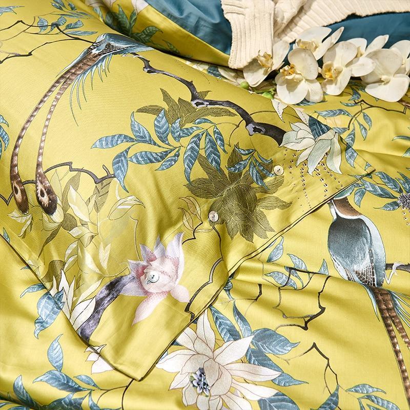 Solarosa Yellow Silky Egyptian cotton style Duvet Cover Set - Nordic Side - Bedding, Birds, cotton, Egyptian, Set, Silky, Solarosa, style, us, Yellow