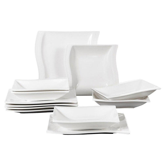Series Flora 12 Piece Porcelain Plates Sets with 6 Soup Dinner Plates Dinnerware Service for 6 Person (White) - Nordic Side - 12, Dinner, Dinnerware, Flora, for, MALACASA, Person, Piece, Plat