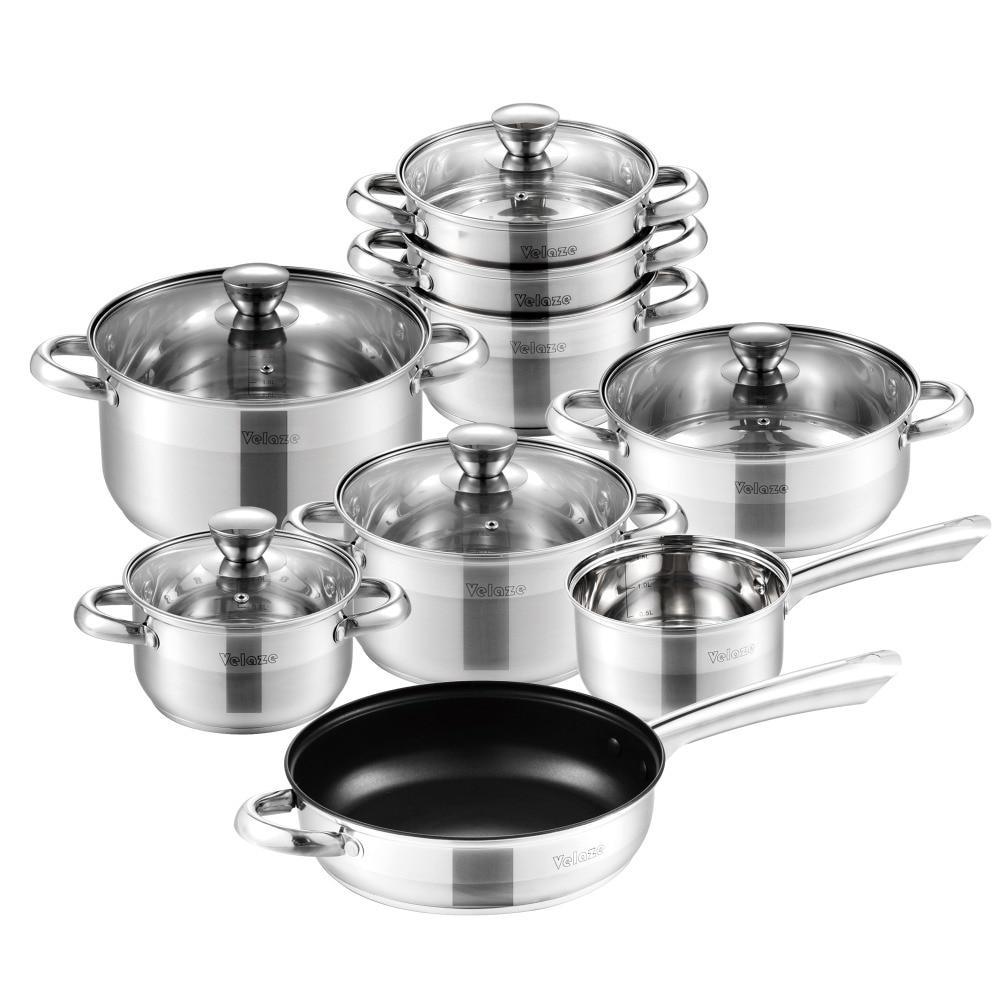 Cookware Set Stainless Steel 14-Piece Induction Kitchen Cooking Pot&Pan Set,Saucepan,Casserole,Steamer,Frypan,Glass lid (Silver) - Nordic Side - 14, Cooking, Cookware, Induction, Kitchen, lid