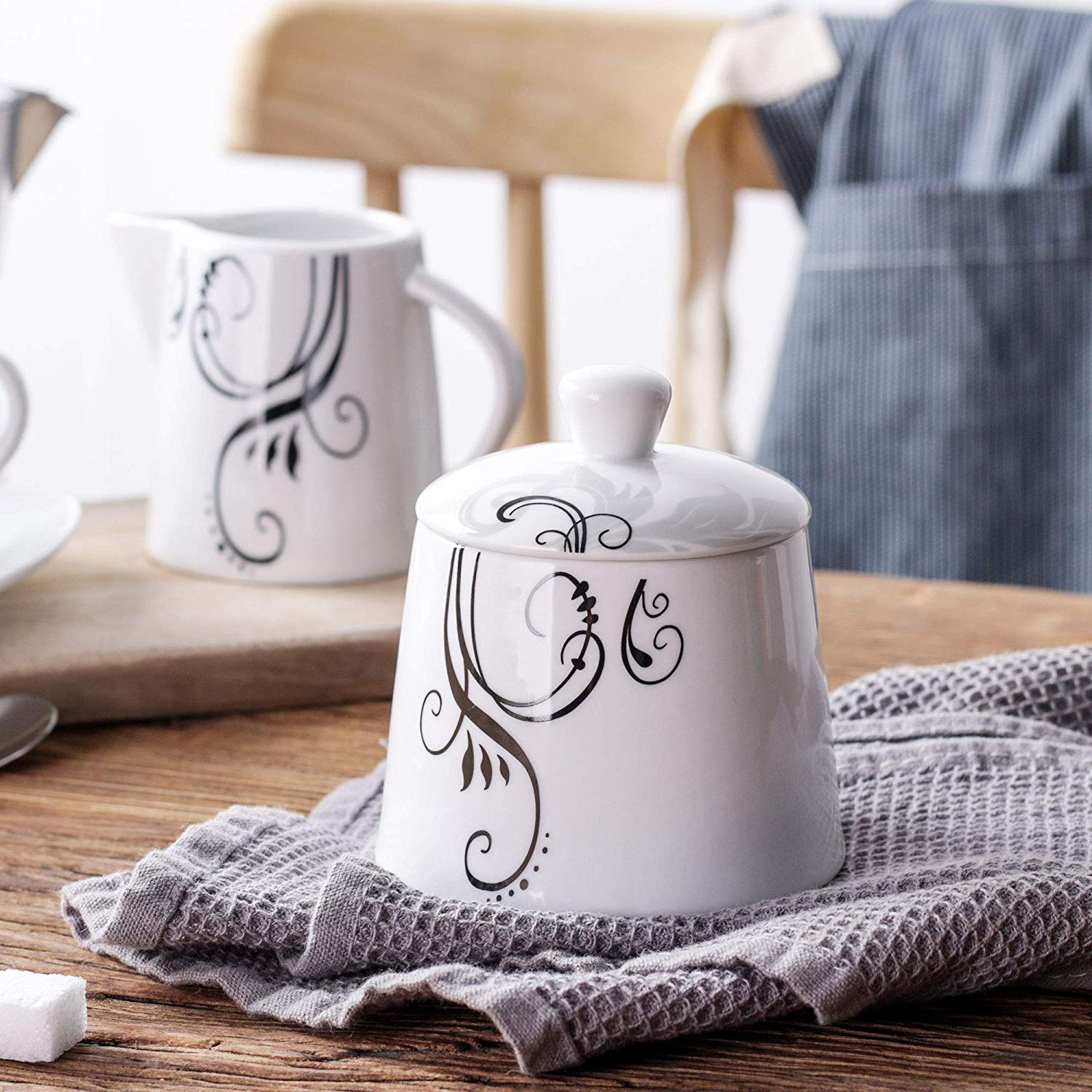 Zoey Porcelain Milk and Cream Serving Pot and Sugar Bowl Pot Set - Nordic Side - Bowl, Ceramic, CoffeeTea, Cream, Creamer, for, Handle, Jug, Milk, Porcelain, Pot, Serving, Set, Sugar, VEWEET,