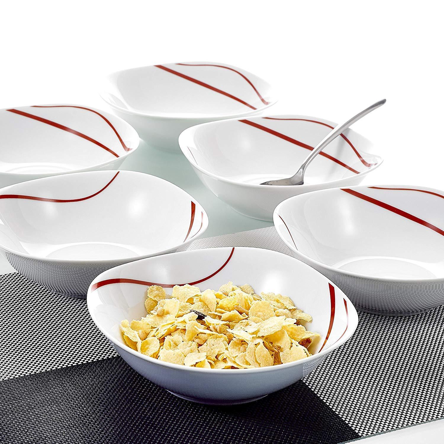 Felisa 6-Piece Red Stripes China  Cream White Porcelain Bowls (6.7") - Nordic Side - 17, 67, Bowl, Ceramic, Cereal, China, cm, Cream, Dessert, Felisa, Fruit, MALACASA, Piece, Porcelain, Red, 