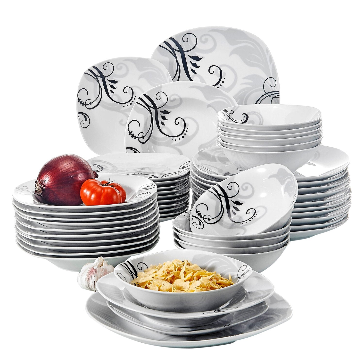 ZOEY 48-Piece Black Decals Dinner Combi-Set Porcelain Tableware Set with Bowls Dessert Plates Soup Plate Dinner Plates - Nordic Side - 48, Black, Bowls, CombiSet, Decals, Dessert, Dinner, Pie