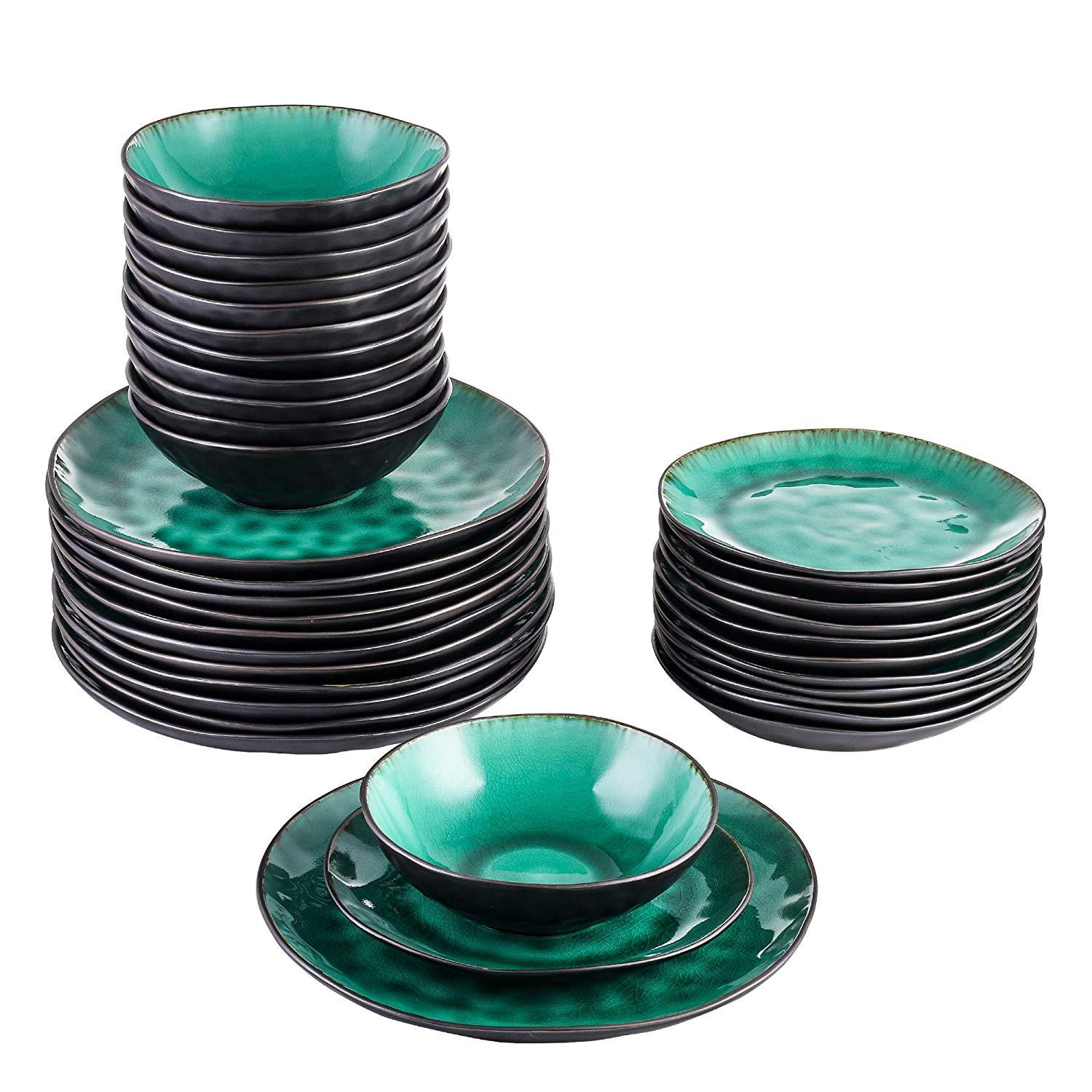 Radiante 36-Piece Pottery Stoneware Vintage Look Ceramic Green Dinnerware Set 12" - Nordic Side - 12, 36, Ceramic, Coco, Dinner, Dinnerware, Green, Look, Piece, PlateBowl, PlateDessert, Potte