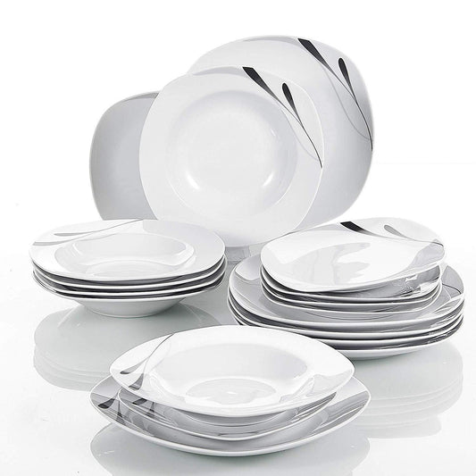 KARLA 18-Piece Ceramic Porcelain Black Stripes Dinner Plate Set Tableware Set of  Dessert Plate,Soup Plate,Dinner Plate - Nordic Side - 18, Black, Ceramic, Dessert, Dinner, KARLA, of, Piece, 