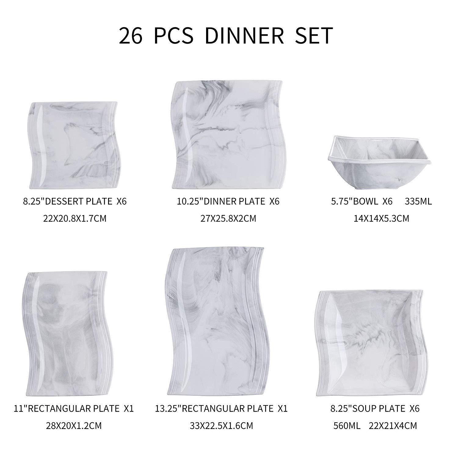 FLORA 26-Piece Marble Porcelain Dinnerware Set with 6*Bowl,Dinner Plate,Dessert&Soup Plate and 2*Rectangular Plate Set - Nordic Side - 26, and, BowlDinner, Dinnerware, FLORA, Marble, Piece, P