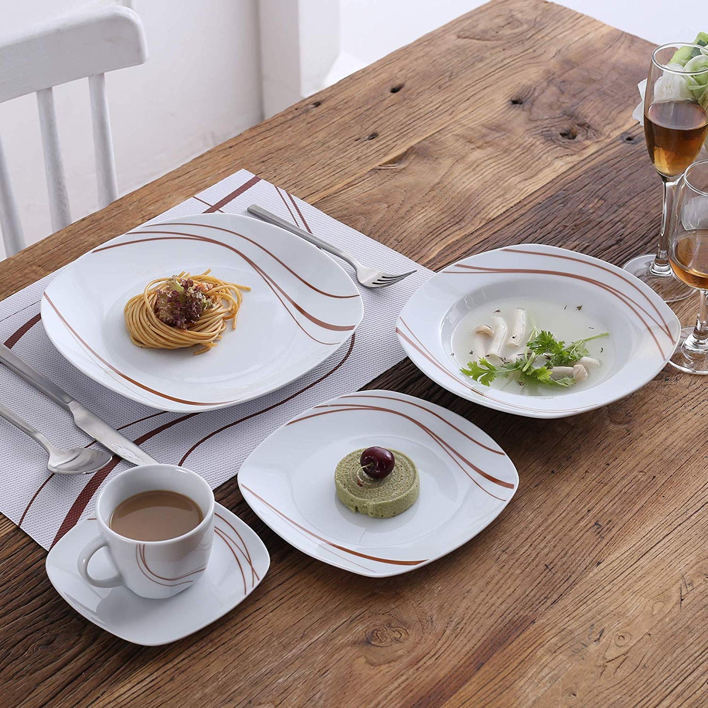 BONNIE 30-Piece Porcelain Tableware Dinner Plate Set Cutlery Set with Dessert Plate Soup Plate Dinner Plate Cup&Saucer - Nordic Side - 30, BONNIE, CupSaucer, Cutlery, Dessert, Dinner, Piece, 