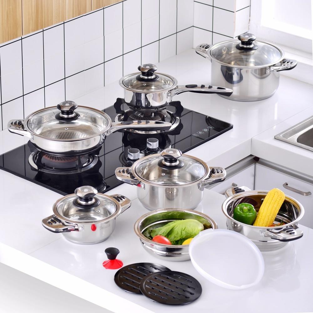 Cookware Set Stainless Steel 16-Piece Cooking Pot&Pan Set Induction Include Saucepan,Casserole,Salad Bowl,Steaming Insert (Silver) - Nordic Side - 16, BowlSteaming, Cooking, Cookware, Include