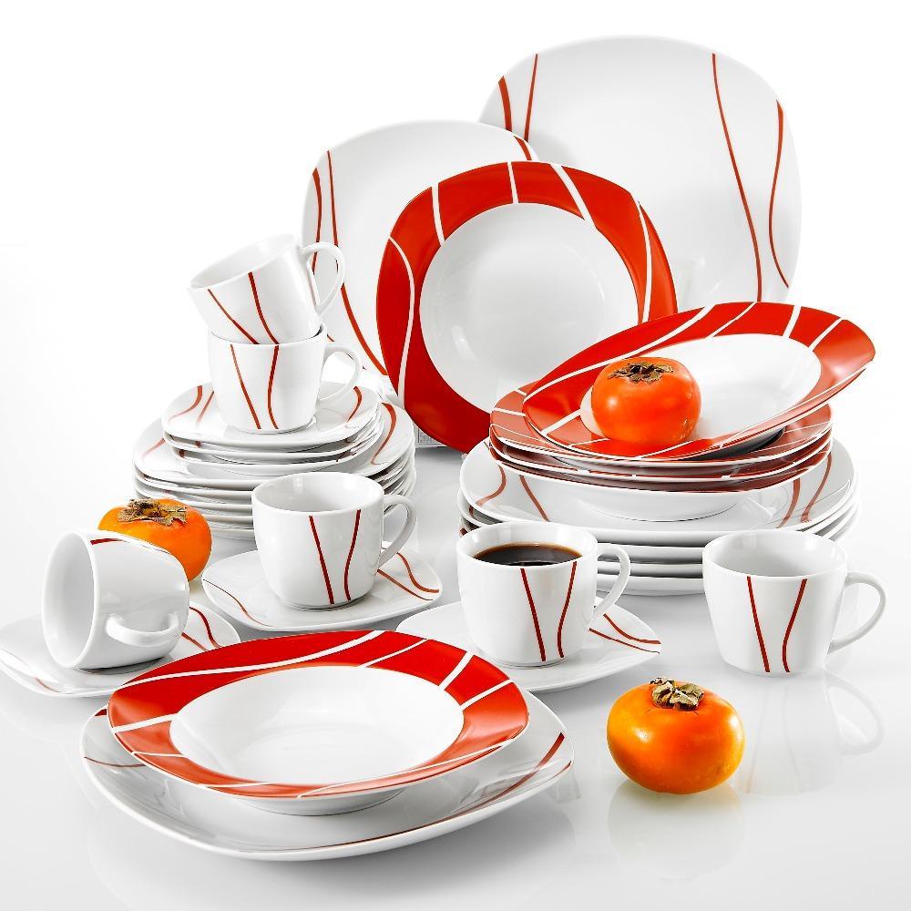 Series Felisa 30 Piece Red Stripes Ivory White Porcelain Dinner Set with 6 Piece Cups Saucers Dessert Soup Dinner Plate (Red) - Nordic Side - 30, Cups, Dessert, Dinner, Felisa, Ivory, MALACAS