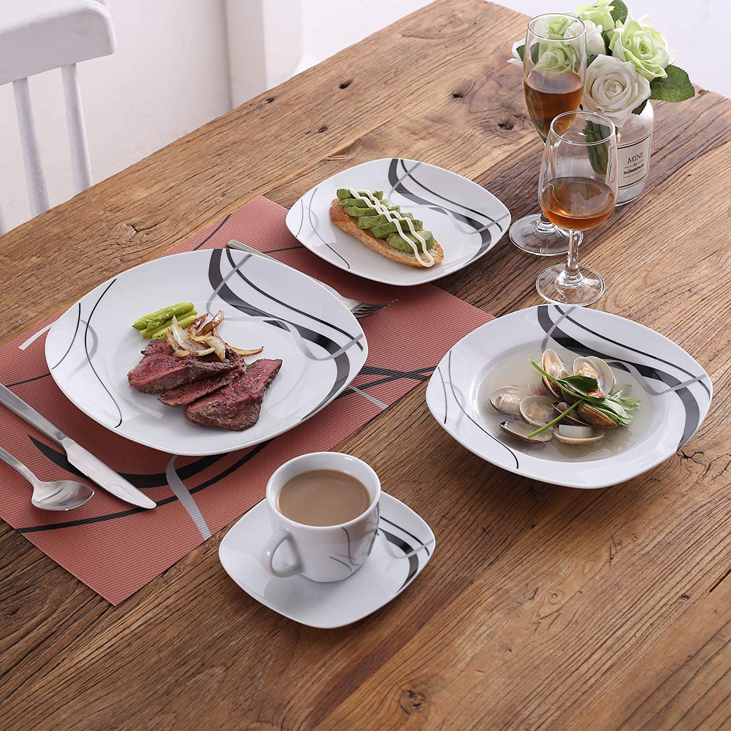 FIONA 60-Piece Black Lines Porcelain Ceramic Plate Combi-Set with Dessert Plates/Soup Plates/Dinner Plates/Cups/Saucers - Nordic Side - 60, Black, Ceramic, CombiSet, Dessert, FIONA, Lines, Pi