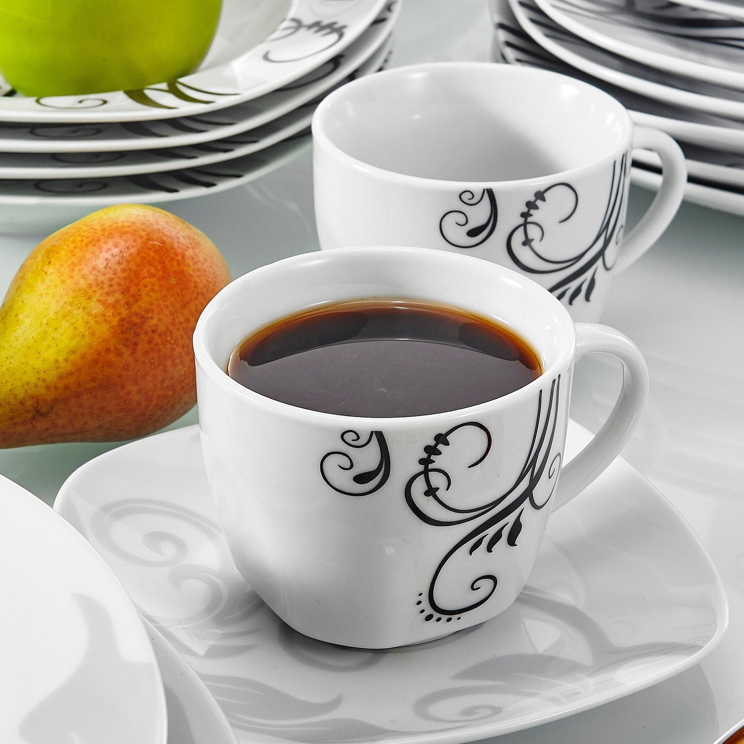 ZOEY 30-Piece Black Decals Porcelain Ceramic Dinner Combi-Set with Dessert Plate Soup Plate Dinner Plate Cup Saucer - Nordic Side - 30, Black, Ceramic, CombiSet, Cup, Decals, Dessert, Dinner,