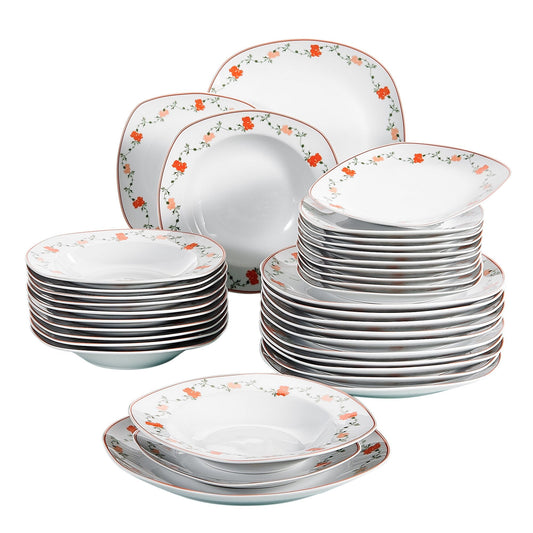 GLORIA 36-Piece White Porcelain Flower Pattern Dinner Tableware Plate Set with 6*Dessert Plates,Soup Plates,Dinner Plates - Nordic Side - 36, Dessert, Dinner, Flower, GLORIA, Pattern, Piece, 