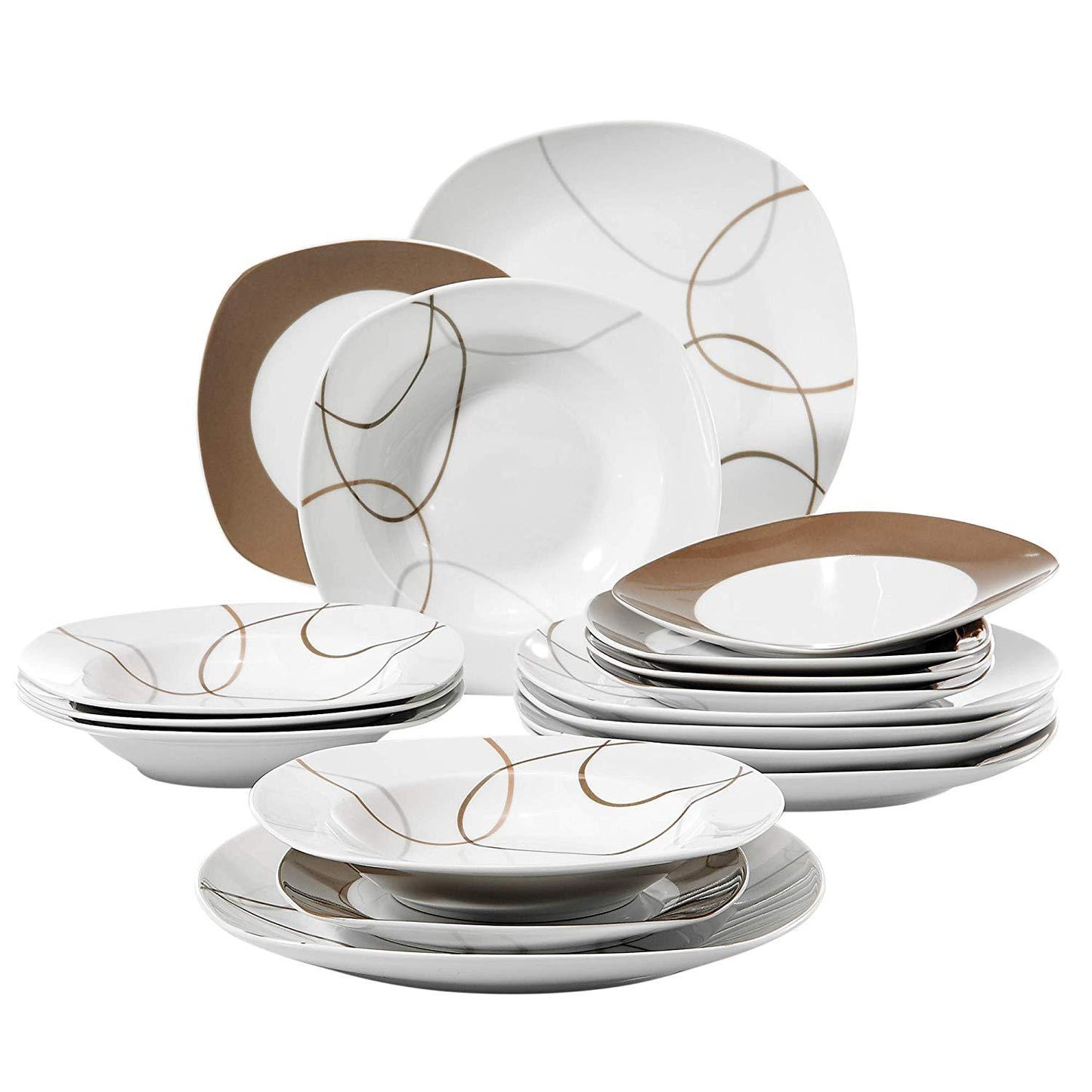 NIKITA 18-Piece Ceramic Porcelain Kitchen Dinner Plates Set Tableware Set with Dinner Plate,Dessert Plate,Deep Soup Plate - Nordic Side - 18, Ceramic, Dinner, Kitchen, NIKITA, Piece, Plate, P