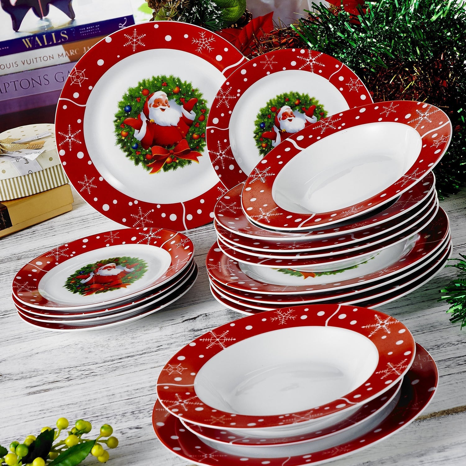 SANTA CLAUS 18-Piece Christmas Style Porcelain Dinnerware Plate Set - Nordic Side - 18, Christmas, CLAUS, Dessert, Dinner, Dinnerware, Piece, Plate, Porcelain, SANTA, Set, Soup, Style, Tablew