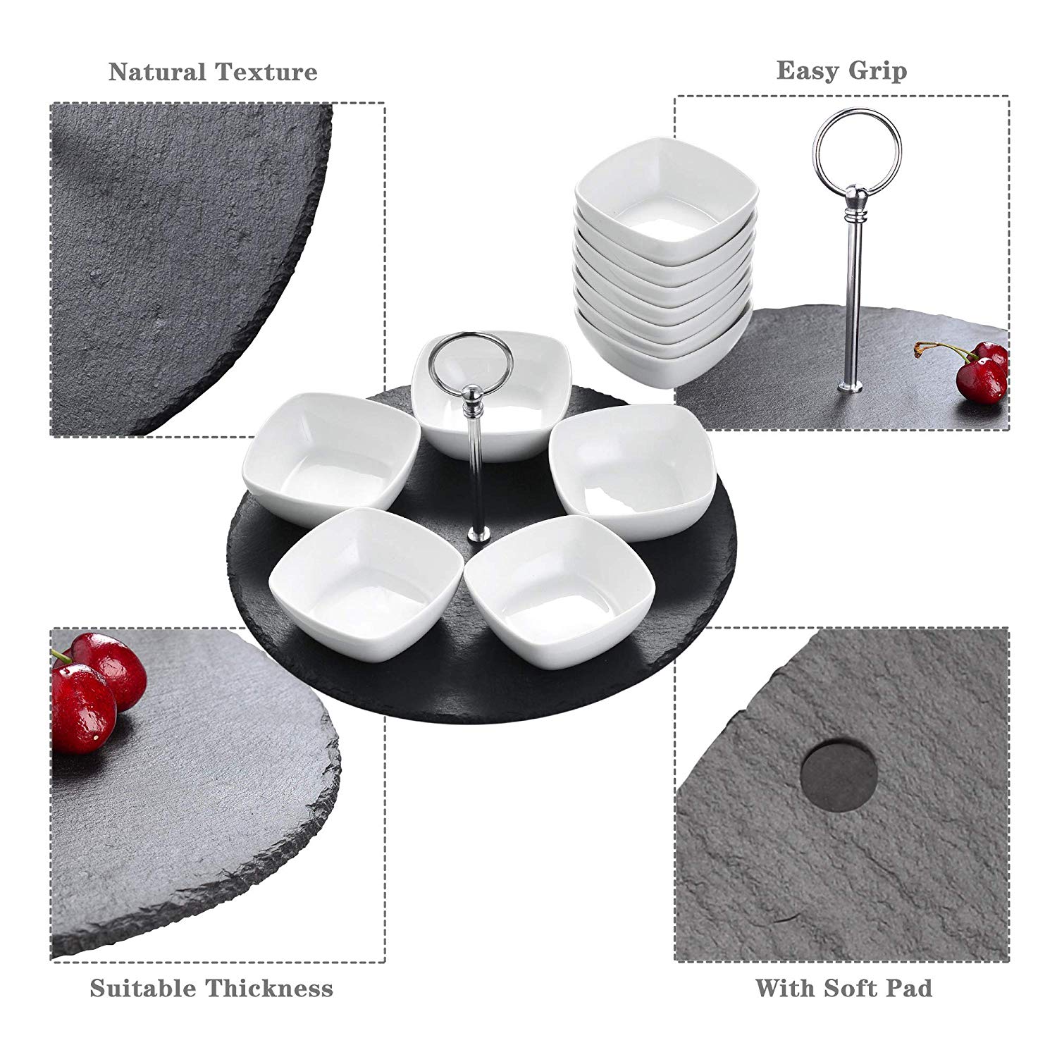 Natural Slate Stone Placemats with 12-Piece 4" Ceramic Porcelain Snack Dish & 1-Piece 12" Round Tablemats with Handle - Nordic Side - 12, Ceramic, Dish, Handle, MALACASA, Natural, Piece, Plac
