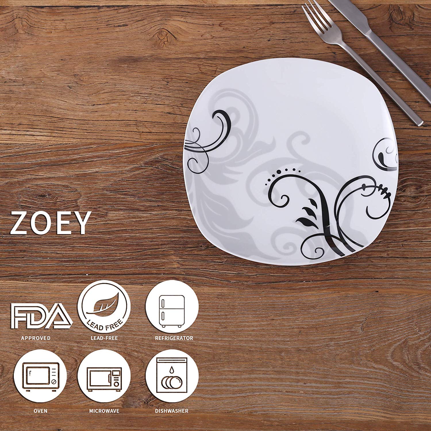6-Piece 9.75" ZOEY Ivory White Porcelain Ceramic Dinner Plate Set With Black Decals - Nordic Side - 975, Black, Ceramic, Decals, Dinner, Ivory, Kithen, Piece, Plate, Porcelain, Salad, Set, Ta