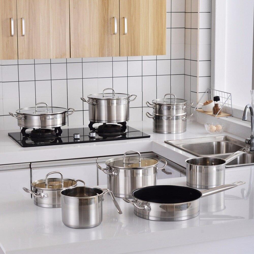 Cookware Set 14 Piece Stainless Steel Kitchen Cooking Pot & Pan Sets,Induction SafeSaucepanCasserolewith Glass lid (Silver) - Nordic Side - 14, Casserole, Cooking, Cookware, Glass, Kitchen, l