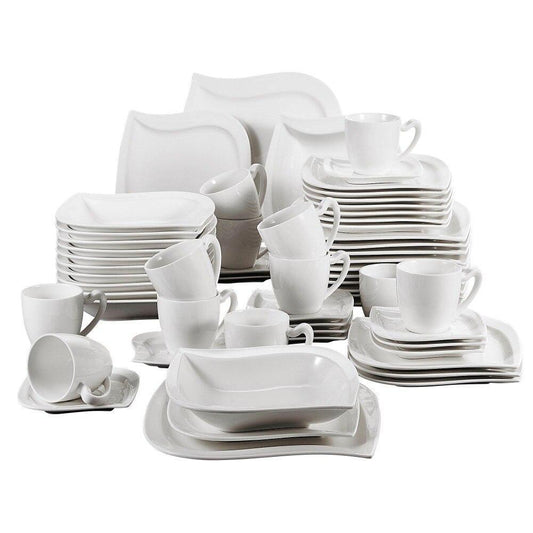 Serie Elvira 60 Piece White Porcelain Dinner Set with 12 Piece Cups Saucers Dessert Soup Dinner Plates for 12 Person (White) - Nordic Side - 12, 60, Cups, Dessert, Dinner, Elvira, for, MALACA