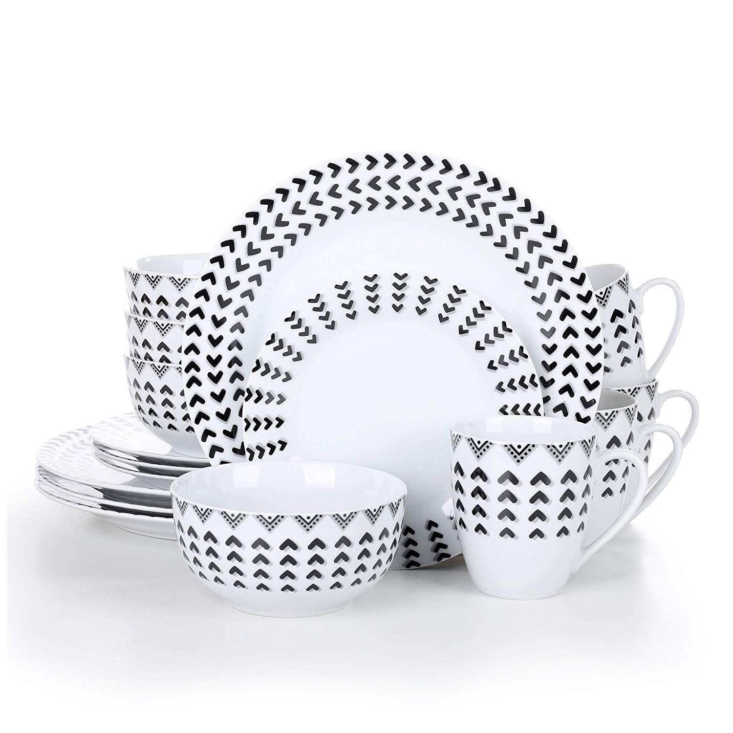 Campton 16-Piece Porcelain Ceramic Tableware Dinner Plate Set with Dinner Plate,Dessert Plate,Cereal Bowl and 380ML Mug - Nordic Side - 16, 380, and, Bowl, Campton, Ceramic, Dinner, ML, Mug, 