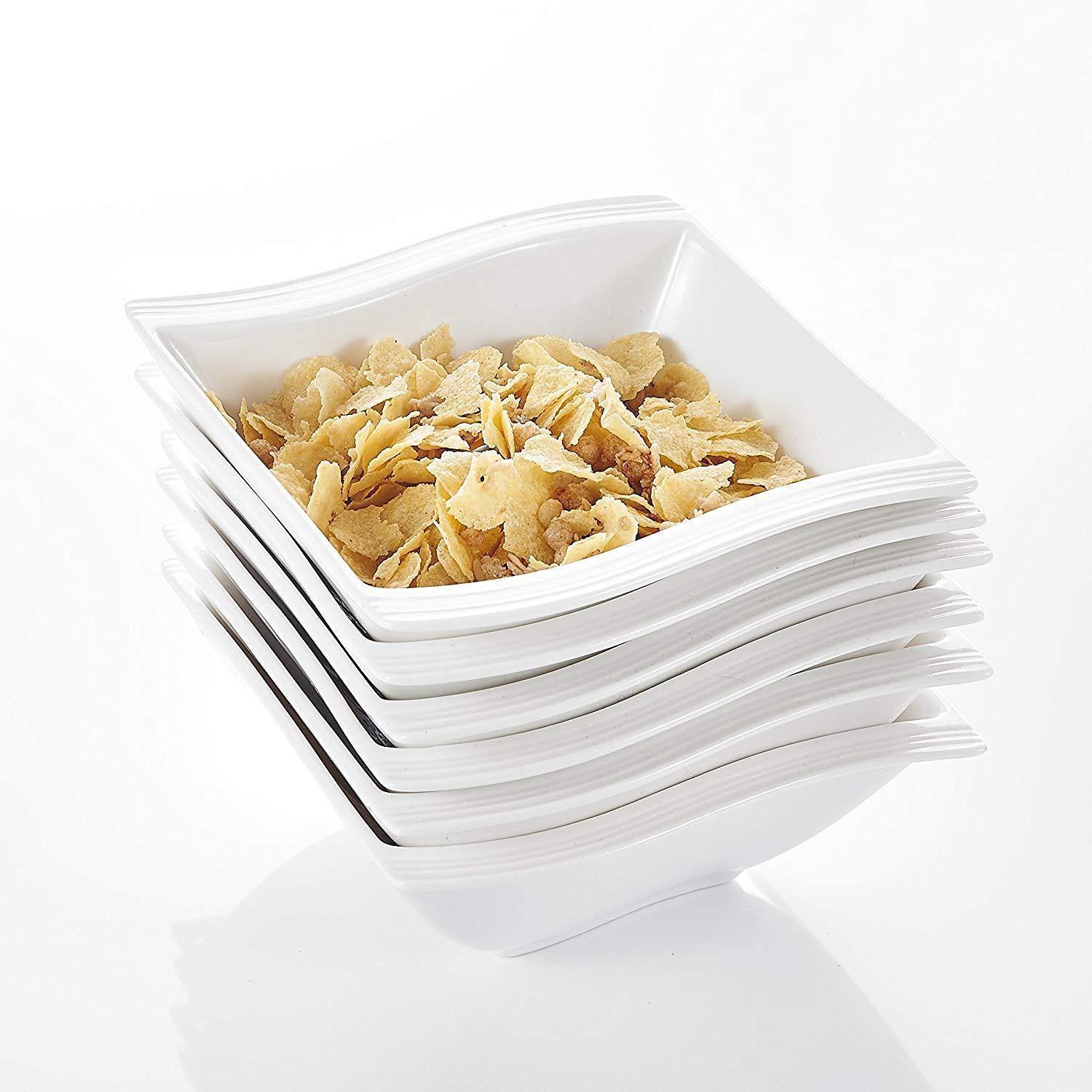 18-pieces White Porcelain Square  Bowls Set (12 ounce) - Nordic Side - 12, 18, Bowl, Bowls, Breakfast, Cereal, Dinner, Dinnerware, Household, MALACASA, Oatmeal, Ounce, pieces, Porcelain, Sets