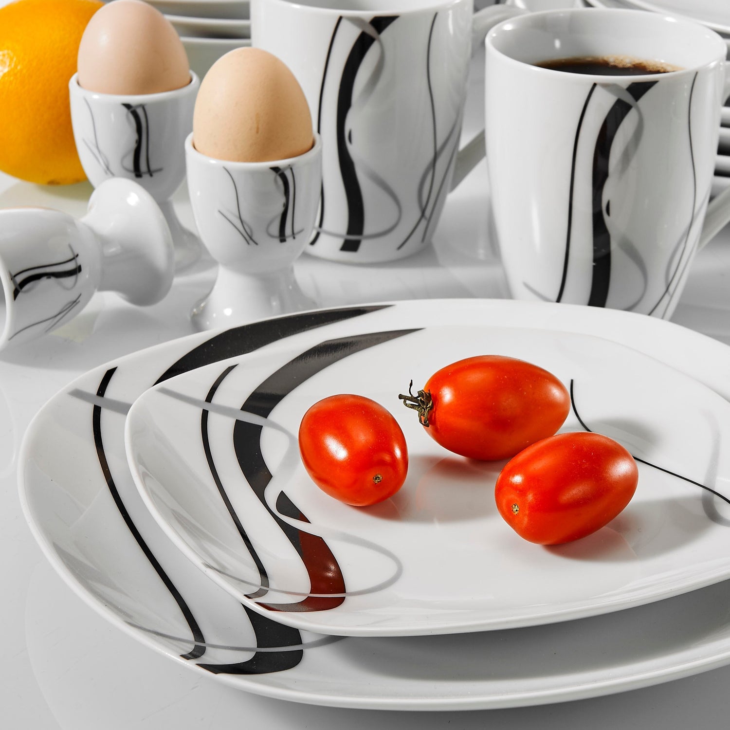 FIONA 20-Piece Black Stripe Porcelain Dinner Kitchen Plate Combi-Set with Egg Cup/Mug/Bowl/Dessert Plate/Dinner Plate - Nordic Side - 20, Black, CombiSet, CupMugBowlDessert, Dinner, Egg, FION