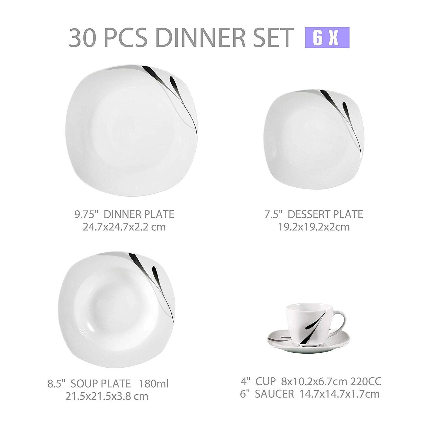 KARLA 30-Piece Porcelain Ceramic Tableware Dinner Set with Dessert Plates/Soup Plates/Dinner Plates/Cups/Saucers - Nordic Side - 30, Ceramic, Dessert, Dinner, KARLA, Piece, PlatesCupsSaucers,