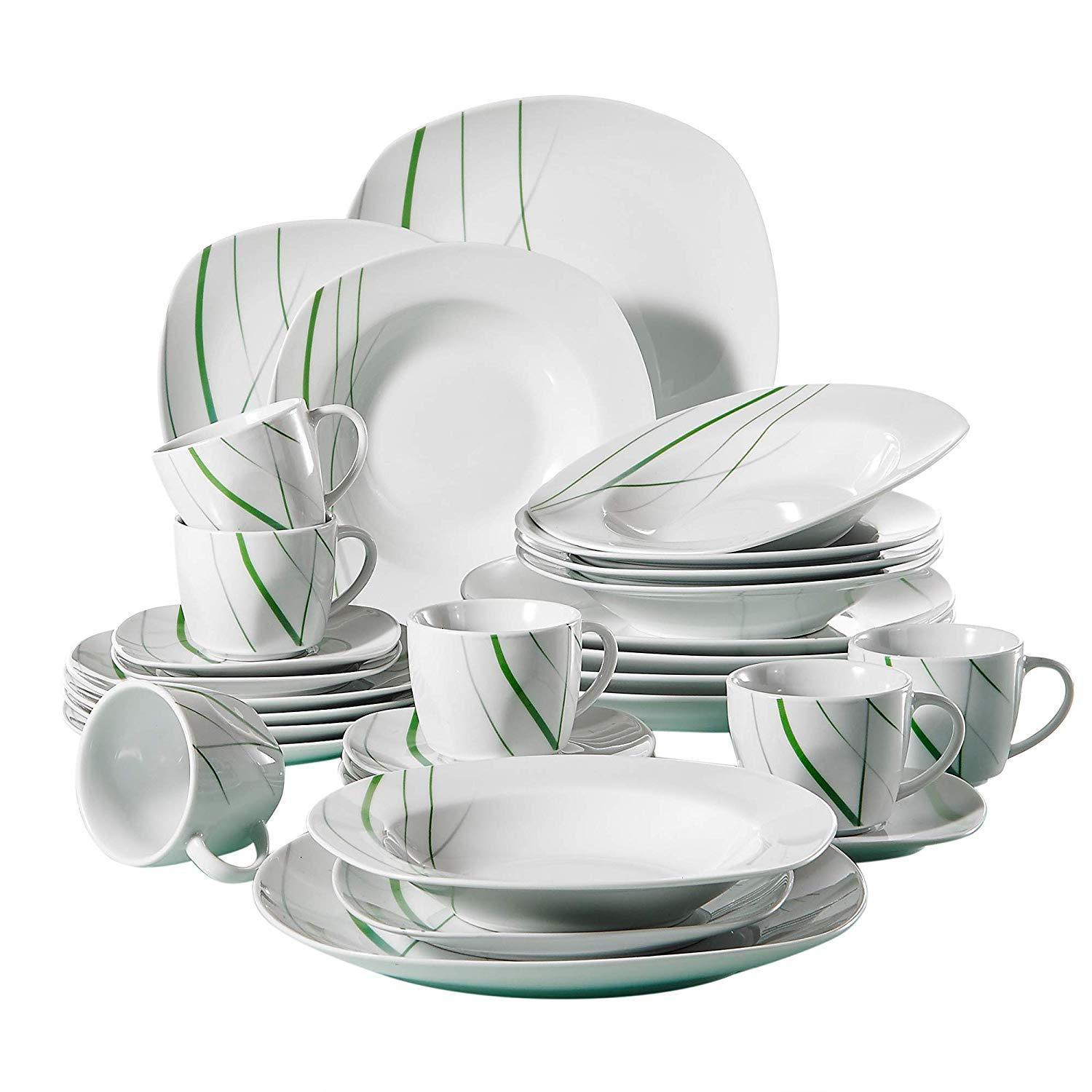 AVIVA 30-Piece Kitchen Green Line Porcelain China Ceramic Plate Set with Dessert Plate,Soup Plate,Dinner Plate,Cup&Saucer - Nordic Side - 30, AVIVA, Ceramic, China, Dessert, Green, Kitchen, L