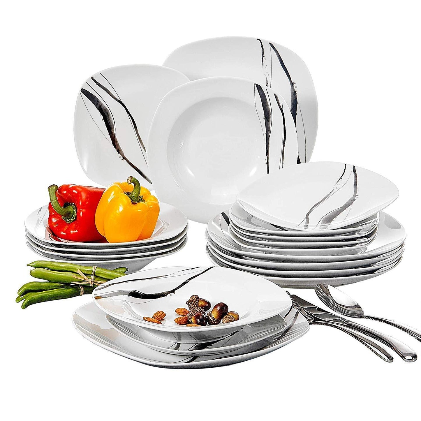 TERESA 18-Piece Porcelain Stripe Pattern Dinner Cutlery Round Plate Set with 6*Dessert Plate,Soup Plate,Dinner Plate - Nordic Side - 18, Cutlery, Dessert, Dinner, Pattern, Piece, Plate, Plate
