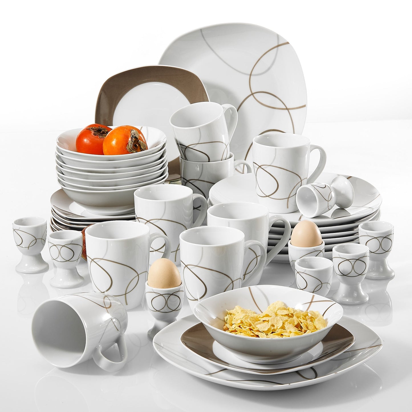 NIKITA 40-Piece Kitchen Porcelain Dinner Plate Combi-Set Tableware Set with 8*Egg Cup,Mug,Dessert Plate,Bowl,Dinner Plate - Nordic Side - 40, CombiSet, CupMugDessert, Dinner, Egg, Kitchen, NI