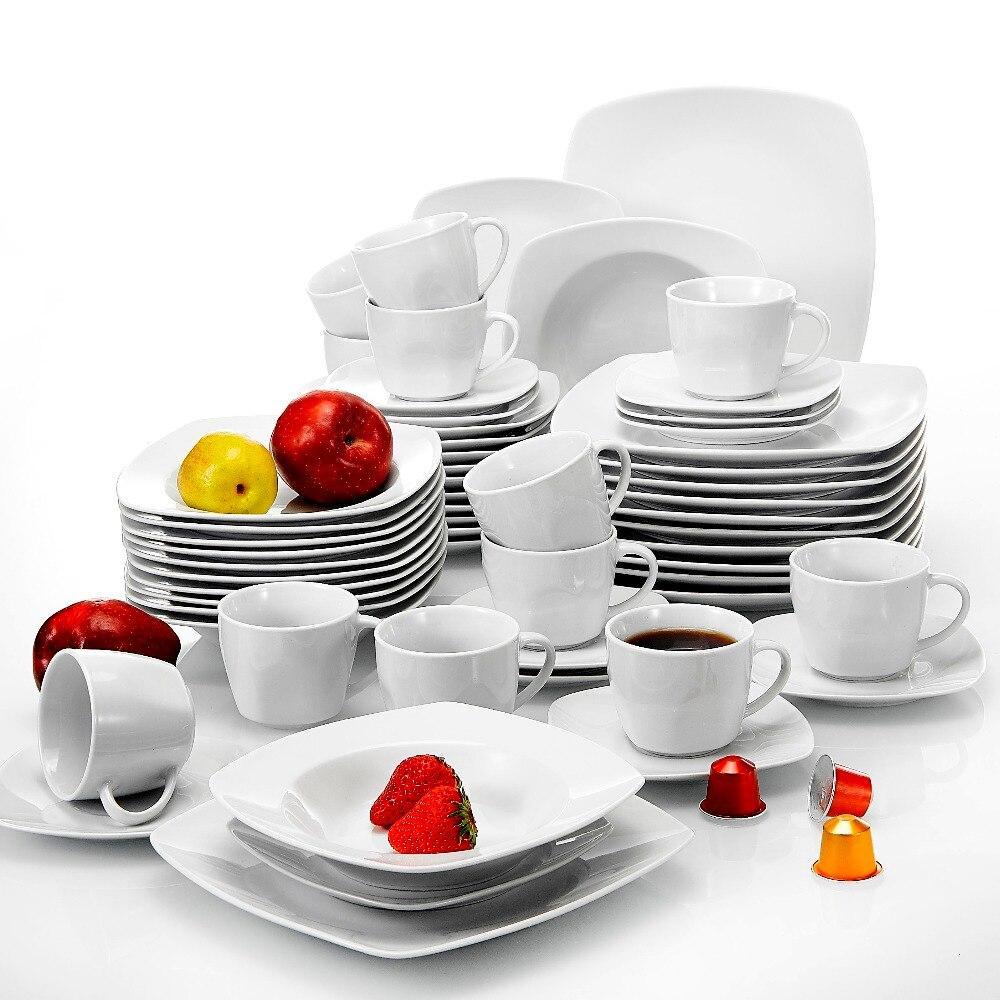 SERIES JULIA 60-Piece Porcelain Dinner Set for 12 Person (White) - Nordic Side - 12, 60, and, Cups, Dessert, Dinner, for, JULIA, MALACASA, Person, Piece, Plates, Porcelain, Saucers, SERIES, S