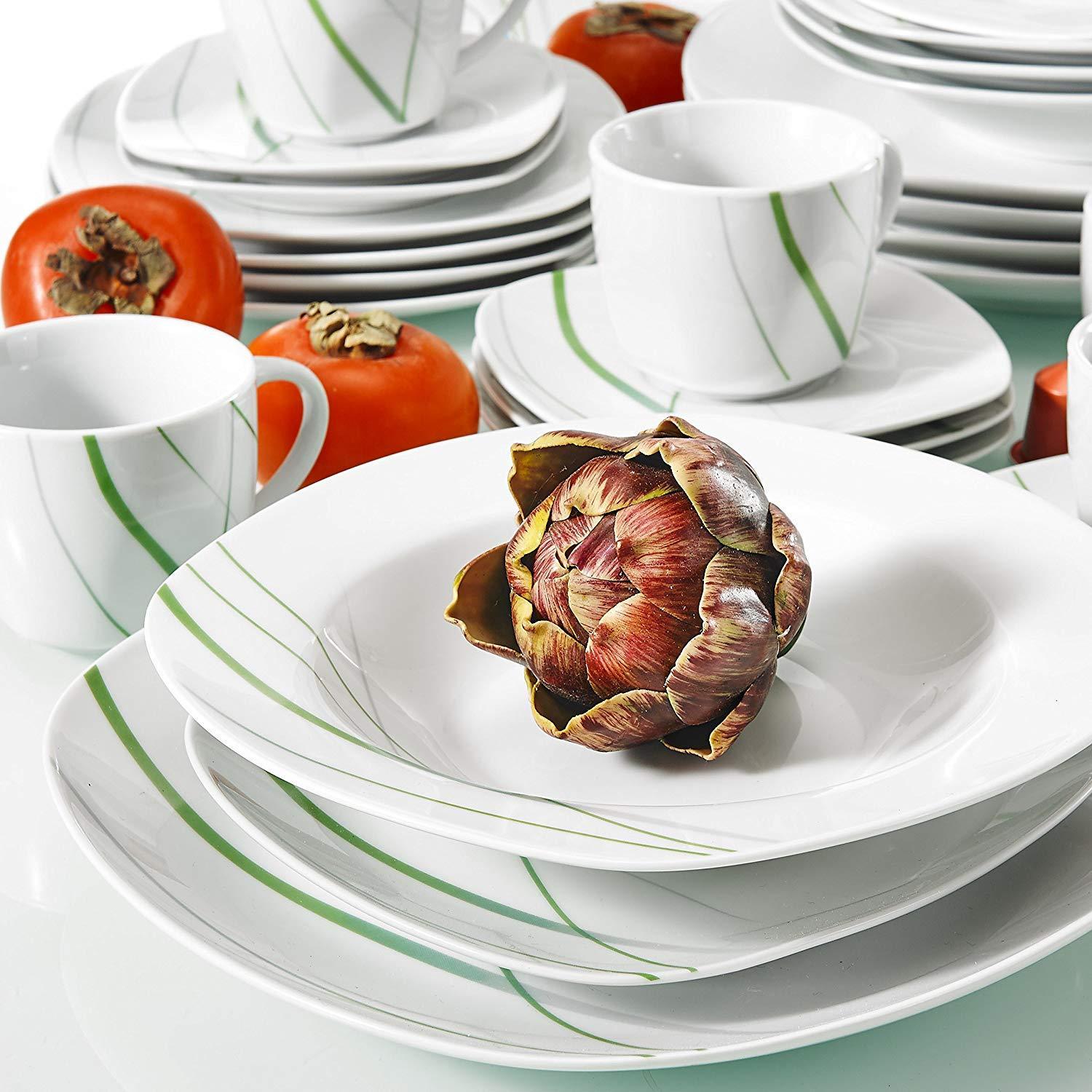 AVIVA 30-Piece Kitchen Green Line Porcelain China Ceramic Plate Set with Dessert Plate,Soup Plate,Dinner Plate,Cup&Saucer - Nordic Side - 30, AVIVA, Ceramic, China, Dessert, Green, Kitchen, L