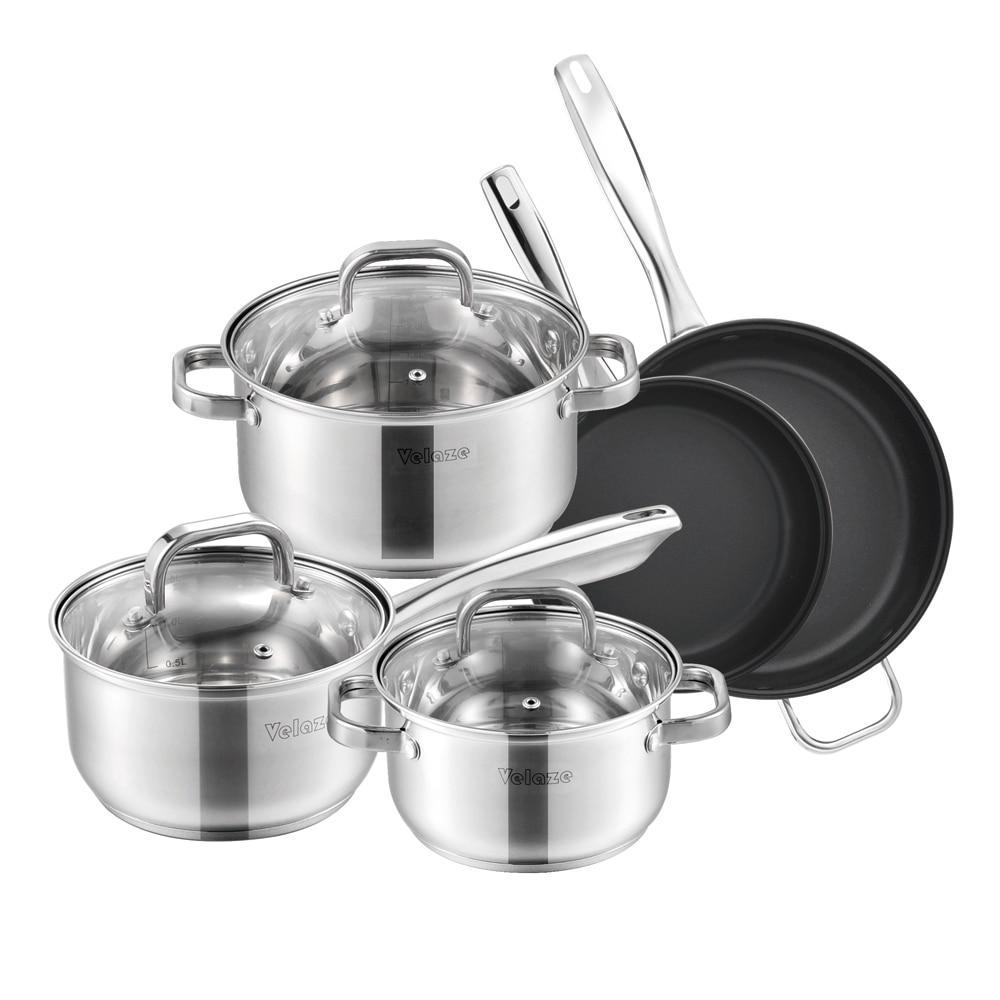 Cookware Set Stainless Steel 8-Piece Cooking Pot/Pan Set,Induction Safe,Non Stick Frying Pan,Saucepan,Casserole,Glass Lid (Silver) - Nordic Side - Cooking, Cookware, Frying, Lid, PanSaucepanC