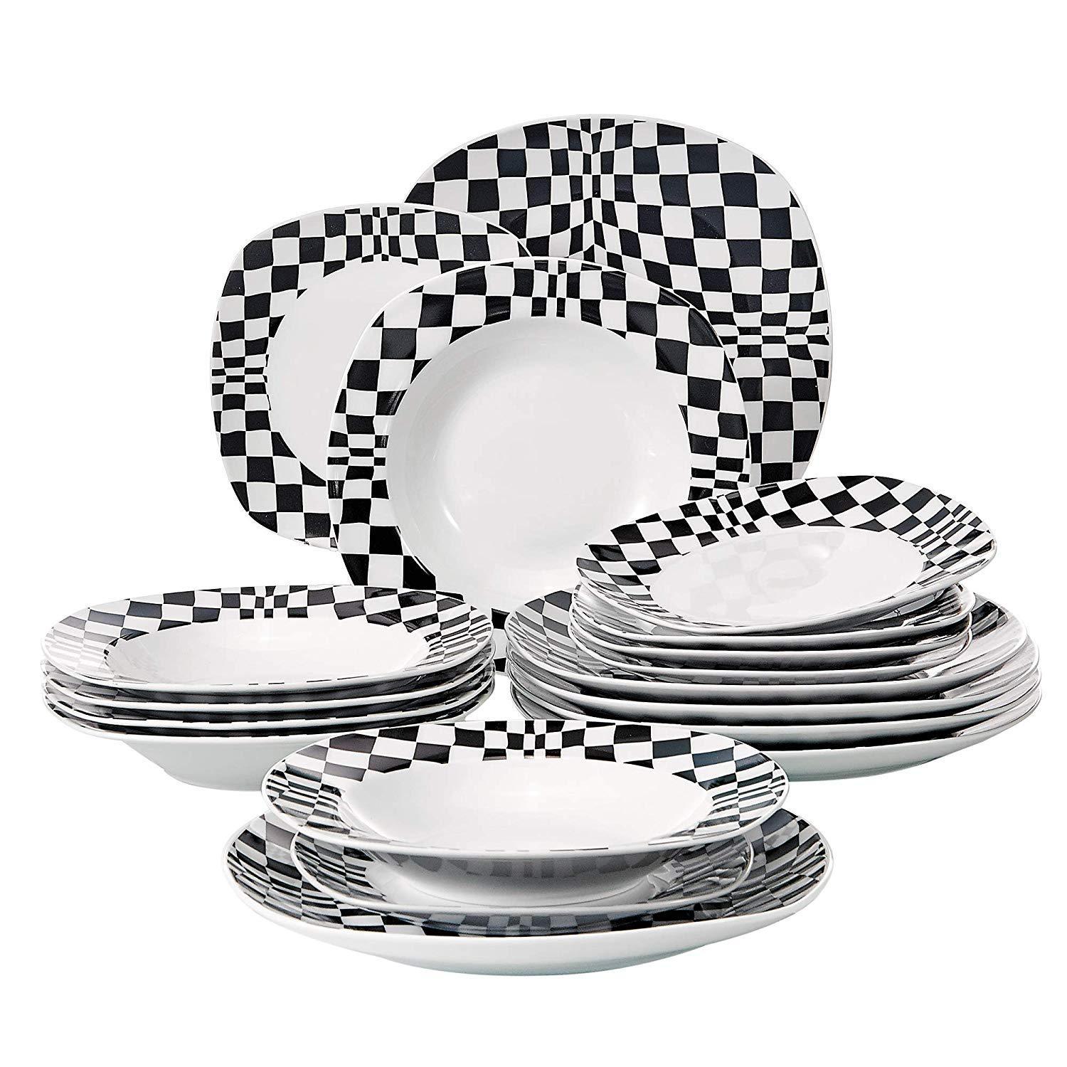 LOUISE 18-Piece Ivory White Porcelain Ceramic Black Mosaics Dinner Set of 6*Dinner Plate,Dessert Plate,Soup Plate Set - Nordic Side - 18, Black, Ceramic, Dinner, Ivory, LOUISE, Mosaics, of, P