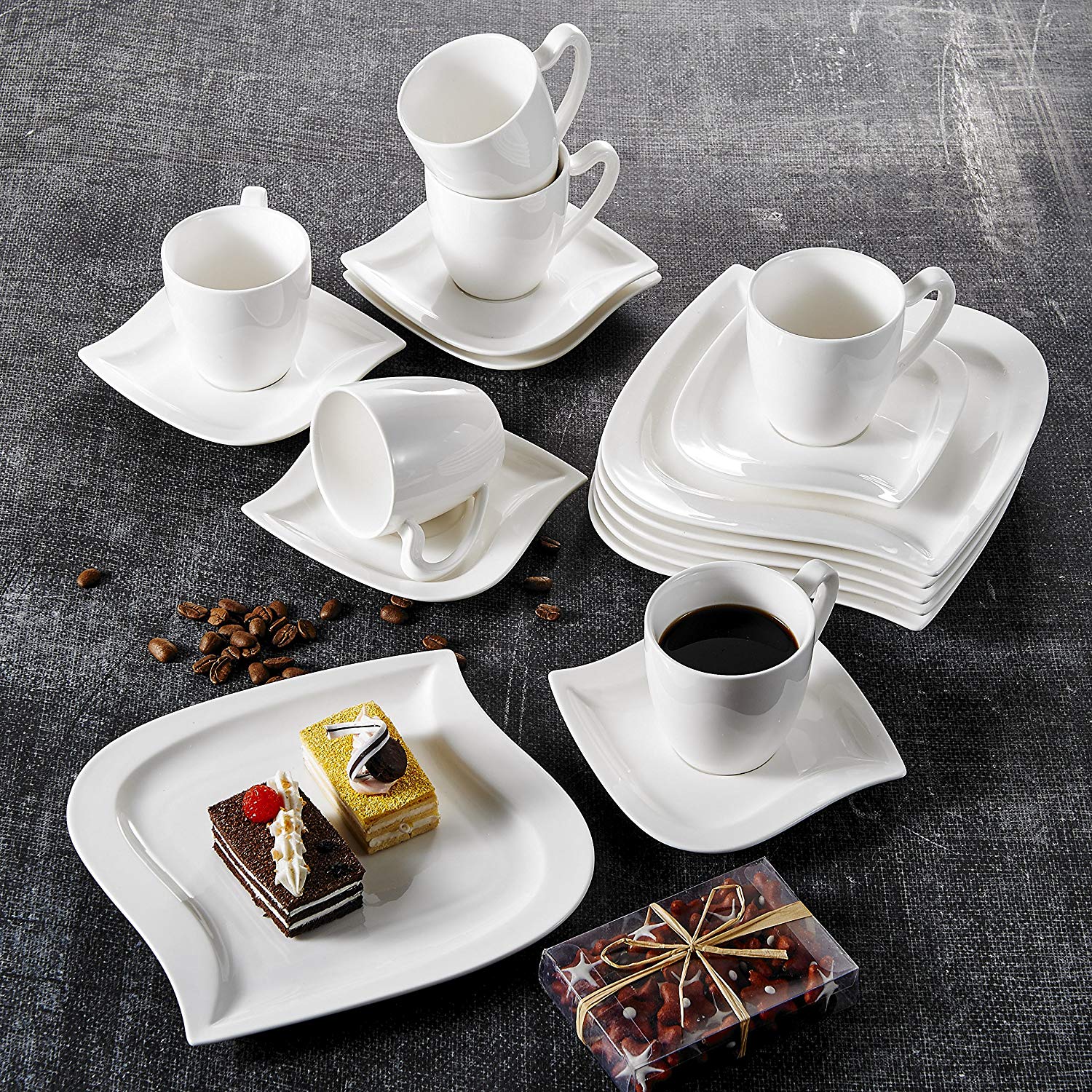 Elvira 18-Piece White Porcelain Ceramic Dinner Combi-Set with 6-Piece Coffee Cups,Saucers and Dessert Plates - Nordic Side - 18, and, Ceramic, Coffee, CombiSet, CupsSaucers, Dessert, Dinner, 