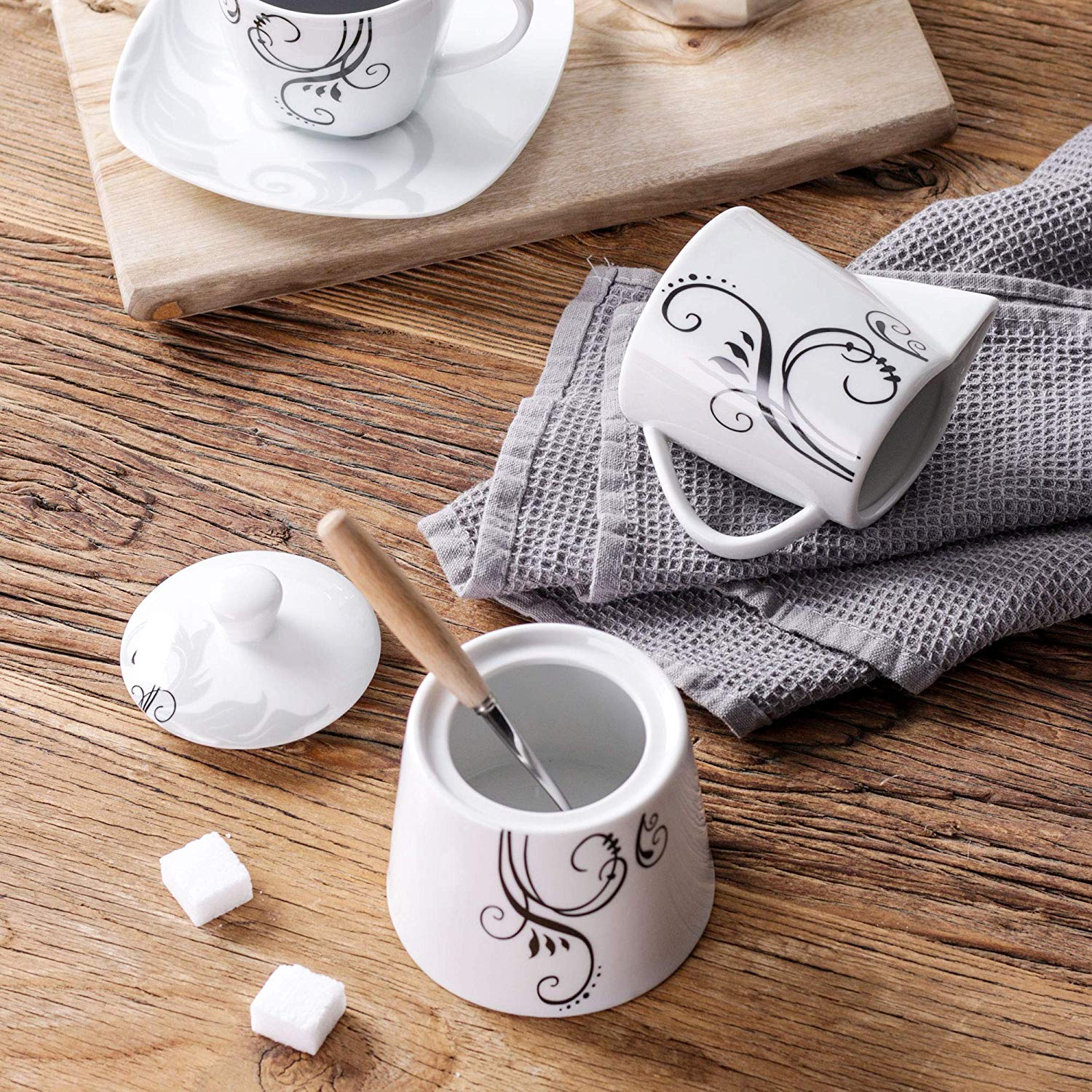 Zoey Porcelain Milk and Cream Serving Pot and Sugar Bowl Pot Set - Nordic Side - Bowl, Ceramic, CoffeeTea, Cream, Creamer, for, Handle, Jug, Milk, Porcelain, Pot, Serving, Set, Sugar, VEWEET,