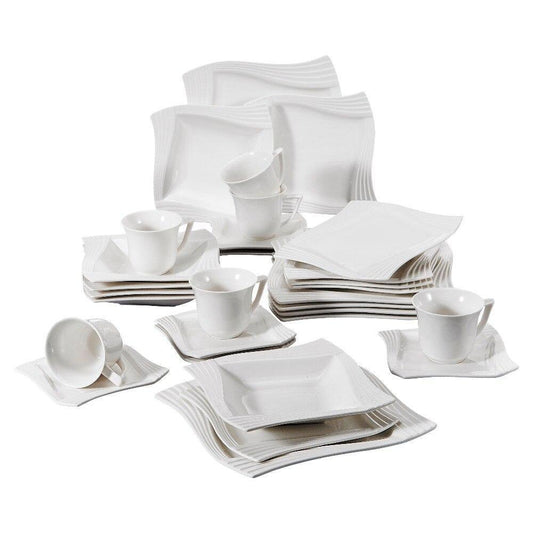 Serie Amparo 30 Piece White Porcelain Dinner Set of 6 Piece Cups Saucers Dessert Soup Dinner Plates for 6 Persone (White) - Nordic Side - 30, Amparo, Cups, Dessert, Dinner, for, MALACASA, of,