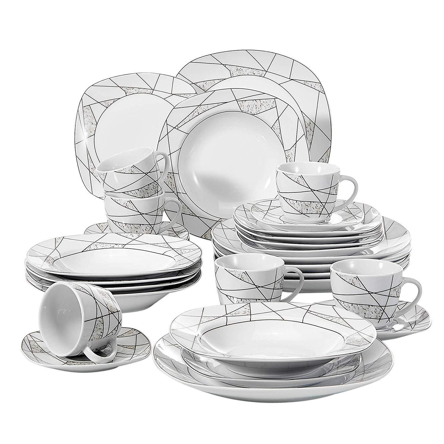 SERENA 30-Piece Kitchen Porcelain Ceramic Dinner Set - Nordic Side - 30, Ceramic, Cups, Cutlery, Dessert, Dinner, Kitchen, of, Piece, Plates, Porcelain, Saucers, SERENA, Set, Soup, VEWEET