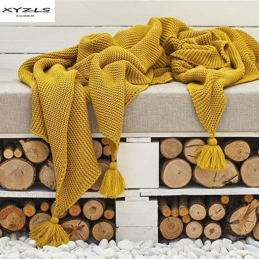 Hand Knitted Tassels Throw Blanket - Nordic Side - New