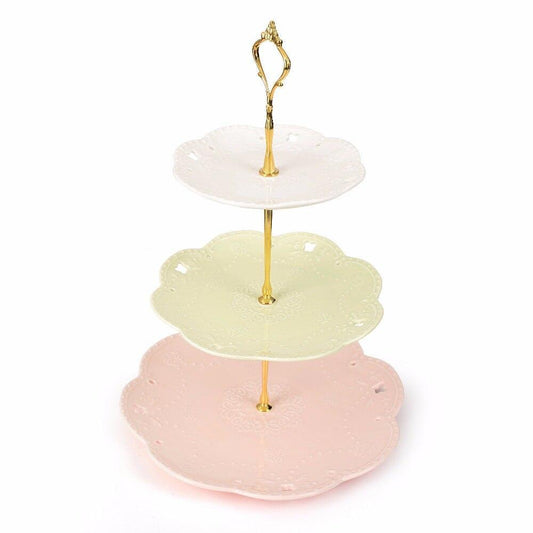 SweetTime Multi-Color 3 Tier Ceramic Cake Stand Porcelain Party Food Server Display With Golden Carry Handle (Colorful Round) - Nordic Side - Cake, Carry, Ceramic, Display, Food, Golden, Hand