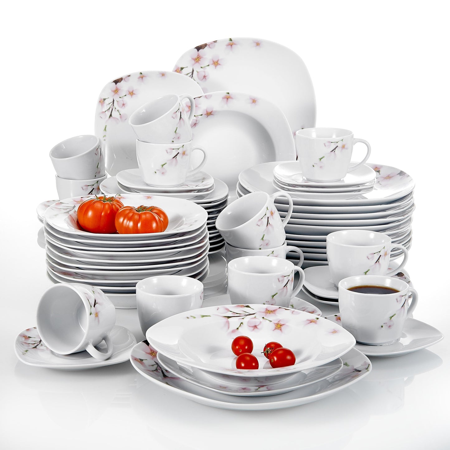 ANNIE 60-Piece White Ceramic Pink Floral Porcelain Plate Set with Dinner Plate,Soup Plate,Dessert Plate,Cups and Saucers - Nordic Side - 60, and, ANNIE, Ceramic, Dinner, Floral, Piece, Pink, 