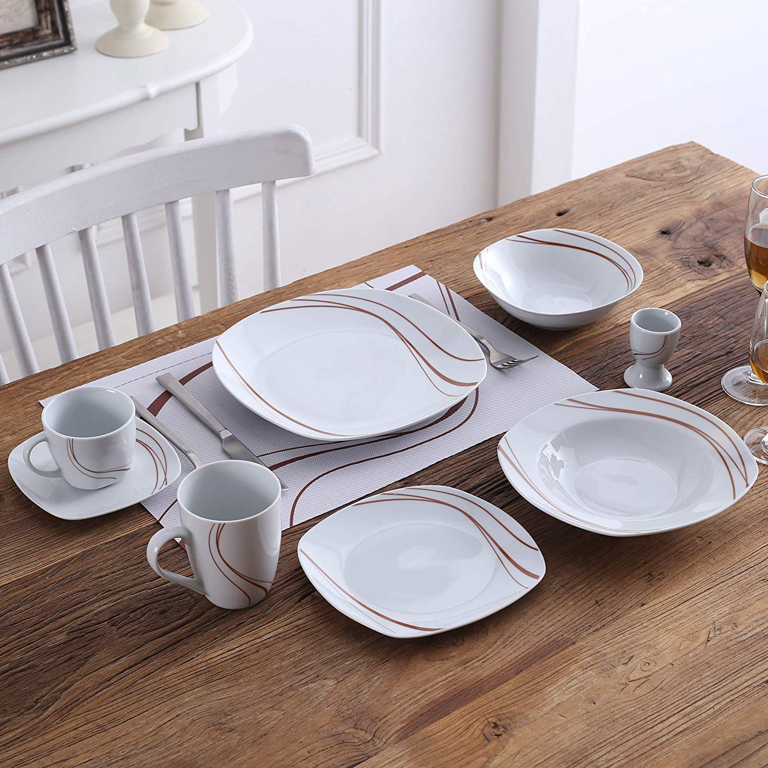 BONNIE 18-Piece Porcelain White Square Dinner Set Tableware Cutlery Plate Set of 6*Dinner Plate,Dessert Plate,Soup Plate - Nordic Side - 18, BONNIE, Cutlery, Dinner, of, Piece, Plate, PlateDe