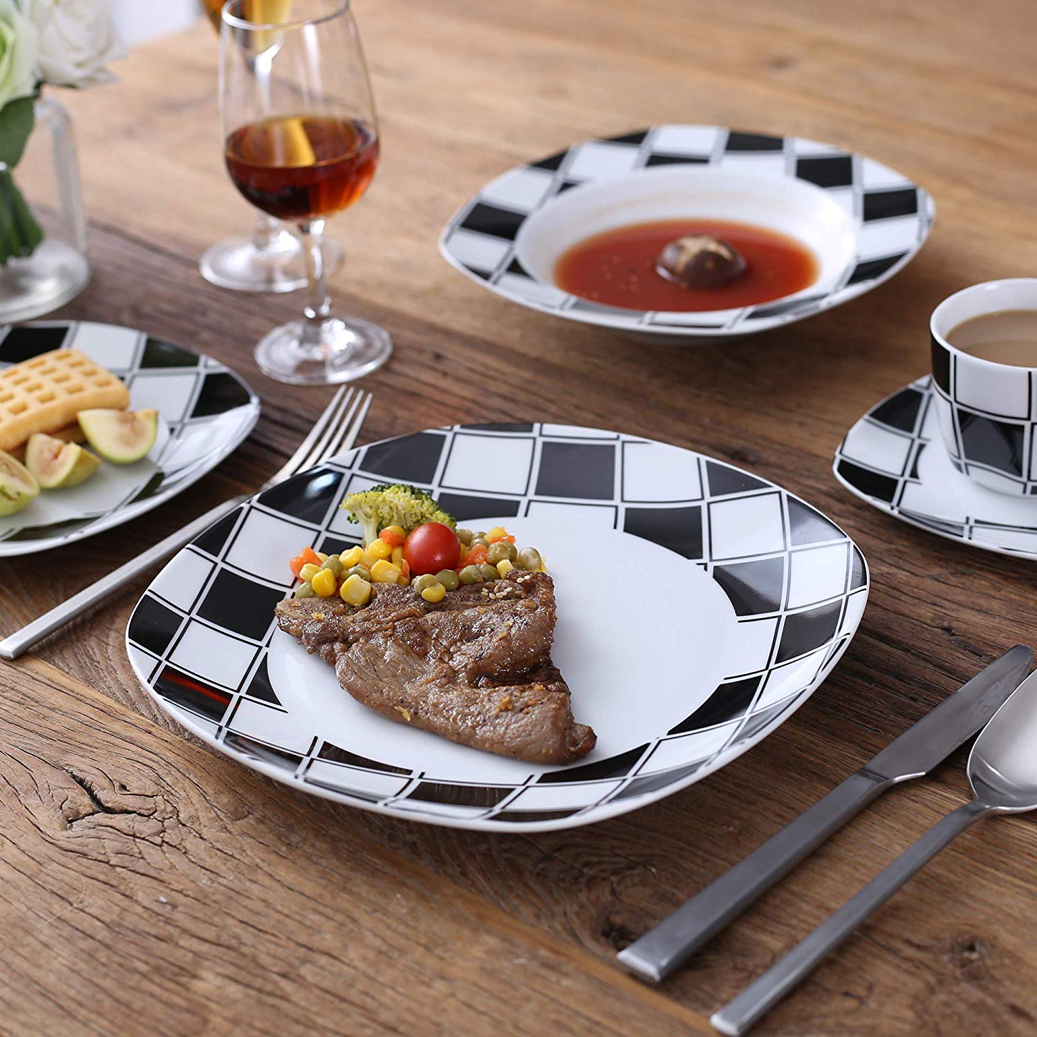 NICOLE 60-Piece Porcelain Ceramic Dinnerware Tableware Set with 12*Dessert Plate/Soup Plate/Dinner Plate/Cup/Saucer Set - Nordic Side - 12, 60, Ceramic, Dessert, Dinnerware, NICOLE, Piece, Pl