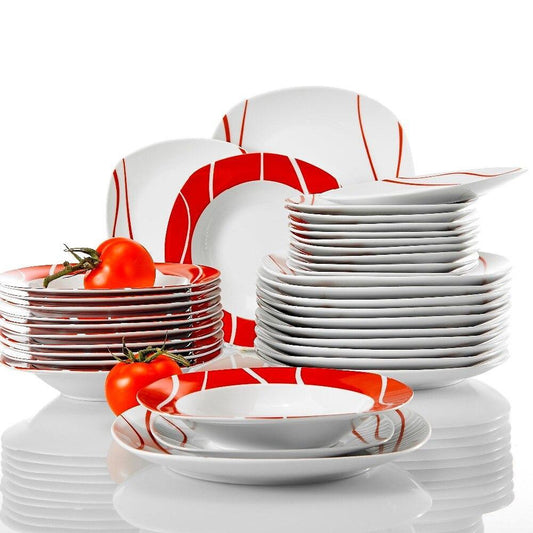 Series Felisa 36 Piece Red Stripes Ivory White Porcelain Dinner Set with 12 Piece Dessert Soup Dinner Plate Service Set (Red) - Nordic Side - 12, 36, Dessert, Dinner, Felisa, Ivory, MALACASA,