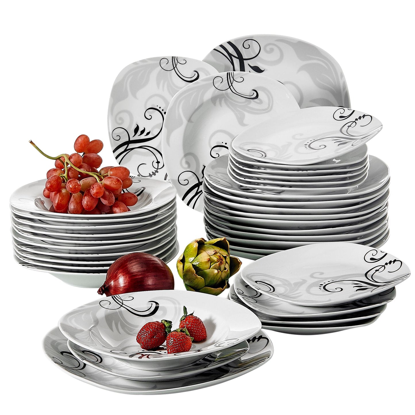 ZOEY 36-Piece Porcelain Ceramic Dinnerware Set Decal Pattern Kitchen Plate Set with Dinner Plate,Soup Plate,Dessert Plate - Nordic Side - 36, Ceramic, Decal, Dinner, Dinnerware, Kitchen, Patt