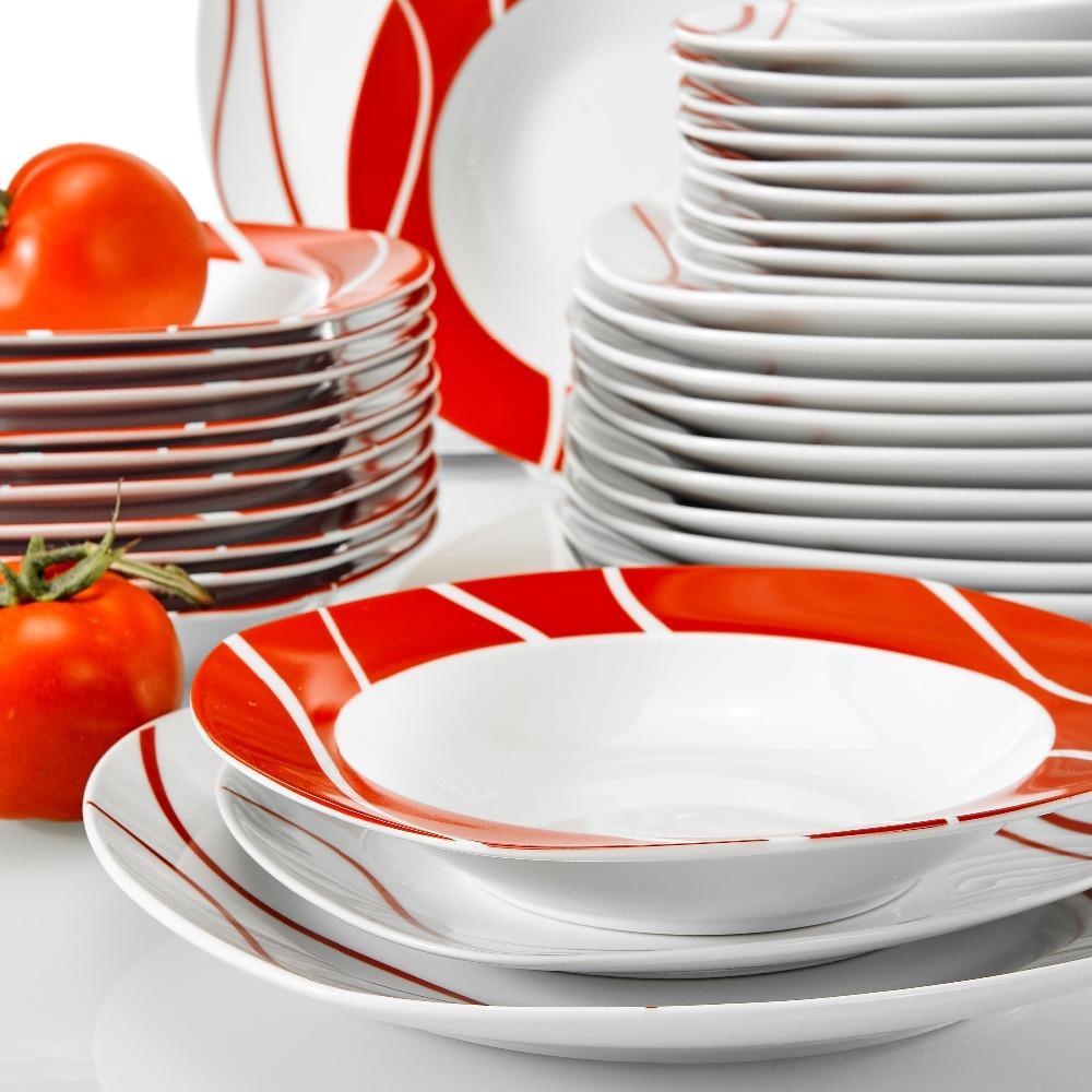 Series Felisa 36 Piece Red Stripes Ivory White Porcelain Dinner Set with 12 Piece Dessert Soup Dinner Plate Service Set (Red) - Nordic Side - 12, 36, Dessert, Dinner, Felisa, Ivory, MALACASA,